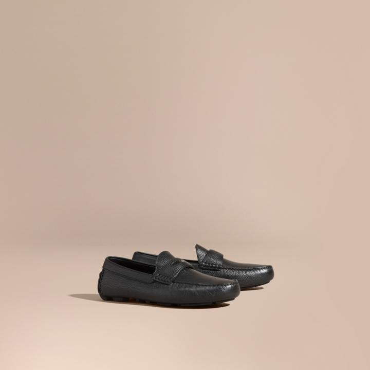 Burberry Burberry Grainy Leather Loafers With Engraved Check Detail, Size: 41, Black