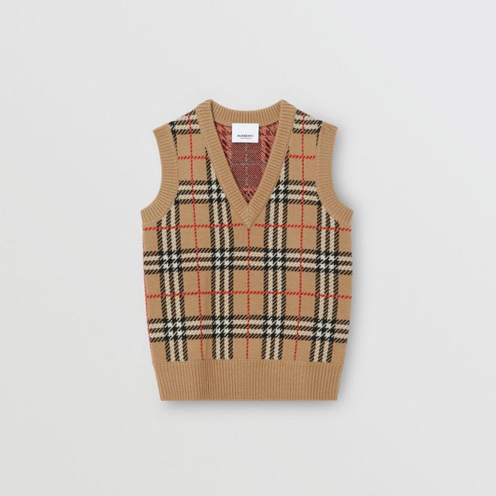 Burberry Burberry Childrens Check Merino Wool Jacquard Vest, Size: 12y, Beige