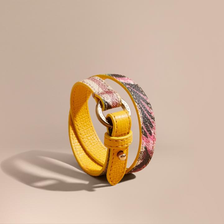 Burberry Burberry Floral Print Haymarket Check Wrap Bracelet, Yellow