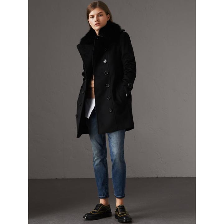 Burberry Burberry Wool Cashmere Trench Coat With Fur Collar, Size: 12, Black