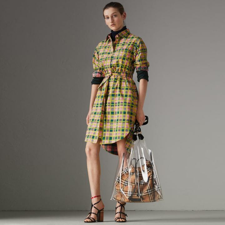 Burberry Burberry Painted Check Cotton Tie-waist Shirt Dress, Size: 08