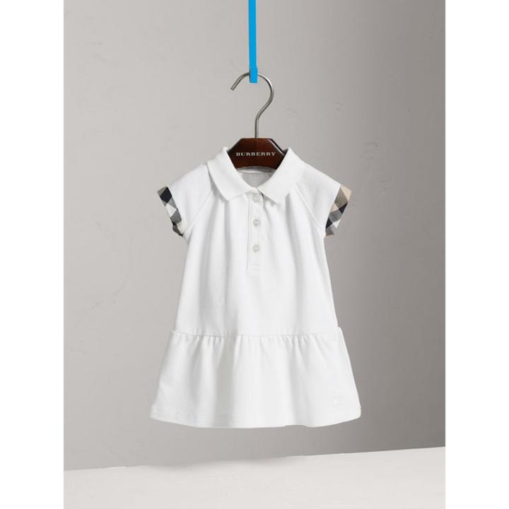 Burberry Burberry Check Detail Stretch Cotton Piqu Dress, Size: 2y, White