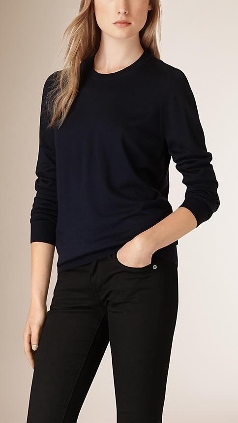 Burberry Brit Check Detail Merino Crew Neck Sweater
