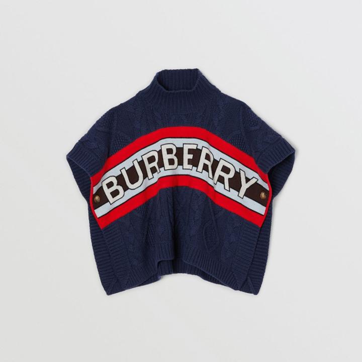 Burberry Burberry Childrens Logo Panel Cable Knit Wool Cashmere Poncho, Blue