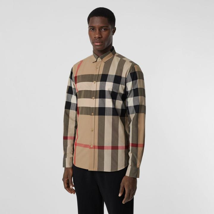 Burberry Burberry Check Stretch Cotton Poplin Shirt, Size: Xxl, Beige