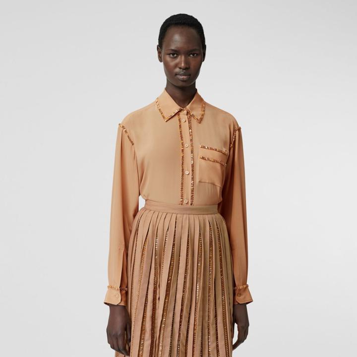 Burberry Burberry Crystal Detail Silk Oversized Shirt, Size: 06, Camel
