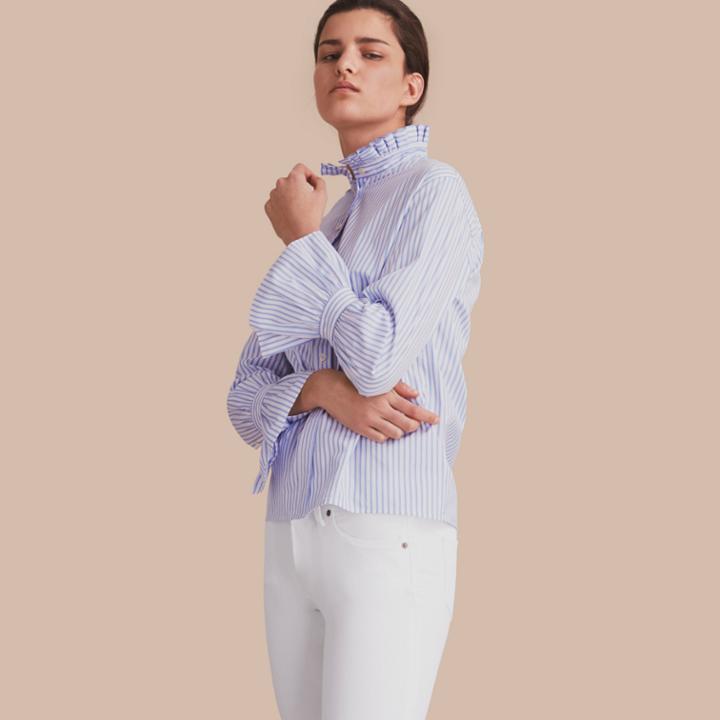 Burberry Burberry Ruffle Detail Striped Cotton Shirt, Size: 06, Blue