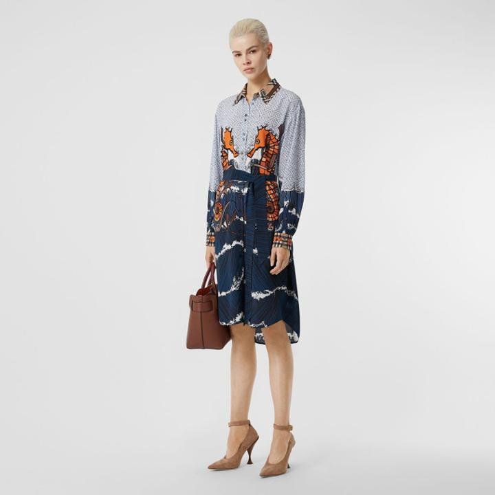 Burberry Burberry Seahorse And Monogram Print Silk Shirt Dress, Size: 10, Blue