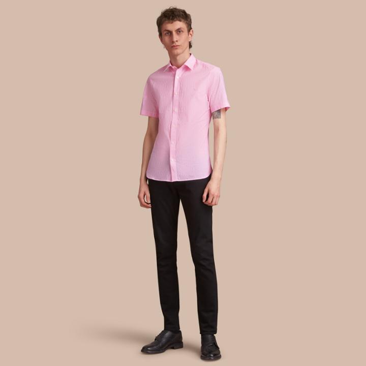 Burberry Burberry Short-sleeve Striped Cotton Seersucker Shirt, Size: Xl, Pink