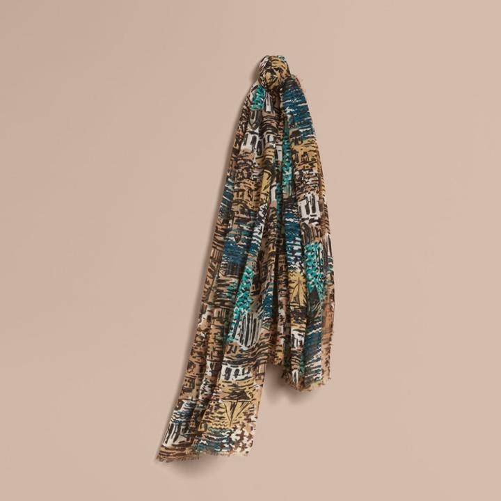 Burberry Burberry British Seaside Print Cotton Cashmere Scarf, Green