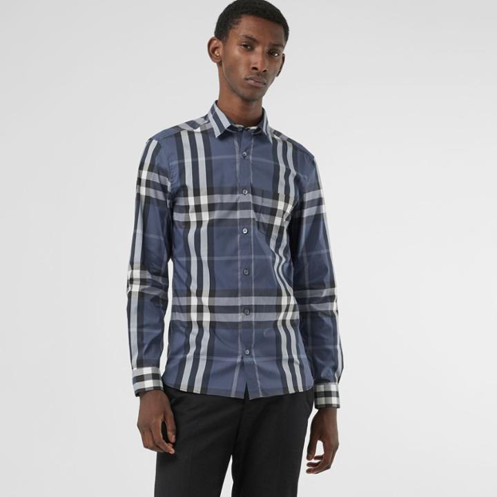 Burberry Burberry Check Stretch Cotton Shirt, Size: Xl, Blue