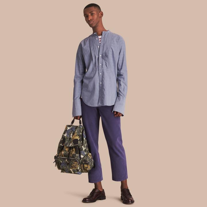Burberry Burberry Unisex Grandad Collar Pleated Bib Cotton Shirt, Size: M, Blue