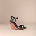 Burberry Burberry House Check And Leather Wedge Sandals, Size: 35.5, Black