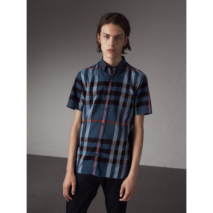 Burberry Burberry Button-down Collar Short-sleeve Check Cotton Shirt, Size: Xs, Blue