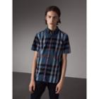 Burberry Burberry Button-down Collar Short-sleeve Check Cotton Shirt, Size: Xs, Blue