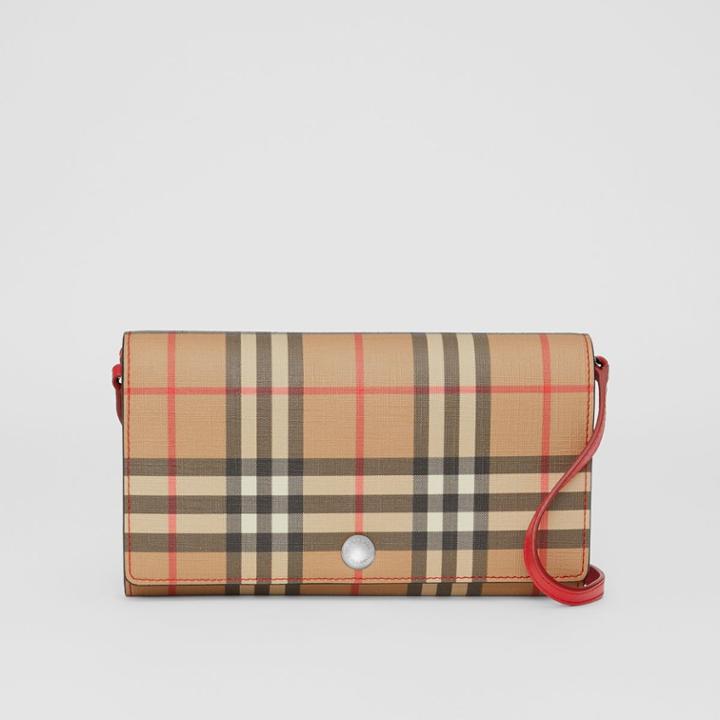Burberry Burberry Vintage Check E-canvas Wallet With Detachable Strap, Red