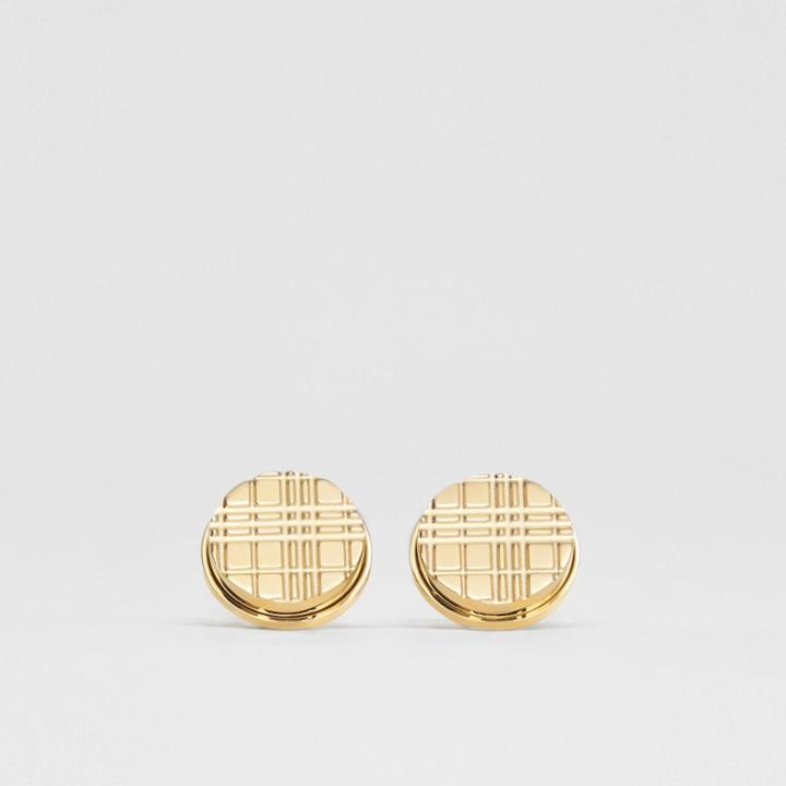 Burberry Burberry Gold-plated Check-engraved Round Cufflinks, Yellow