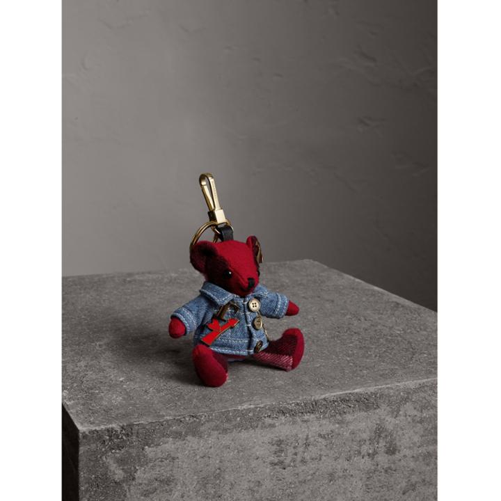 Burberry Burberry Thomas Bear Charm In Check Cashmere With Jean Jacket, Red
