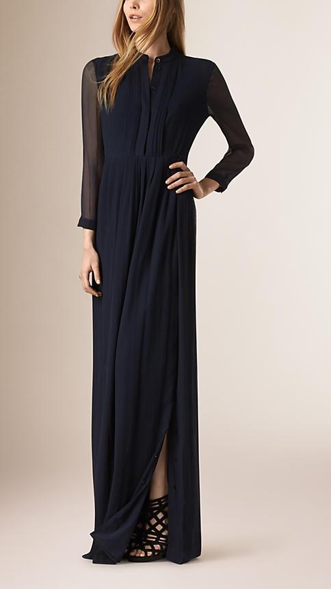 Burberry Pleat Detail Floor-length Silk Dress