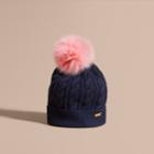 Burberry Burberry Wool Cashmere Cable Knit Beanie With Two-tone Fur Pom-pom, Blue