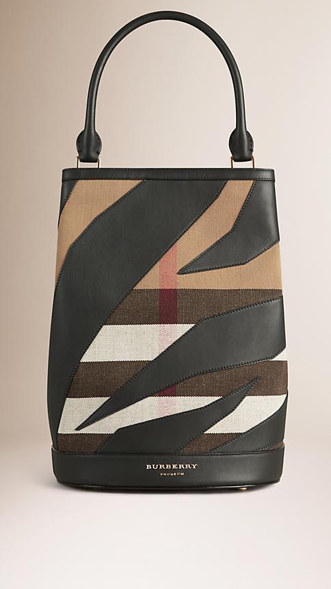 Burberry The Bucket Bag In Canvas Check And Leather