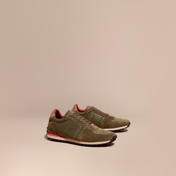 Burberry Burberry House Check Trim Suede And Technical Satin Sneakers, Size: 42, Green