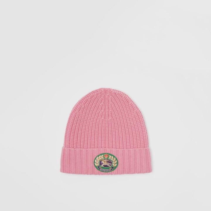 Burberry Burberry Embroidered Crest Rib Knit Wool Cashmere Beanie, Pink