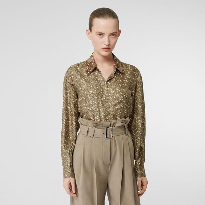 Burberry Burberry Contrast Collar Monogram Print Silk Shirt, Size: 00, Green