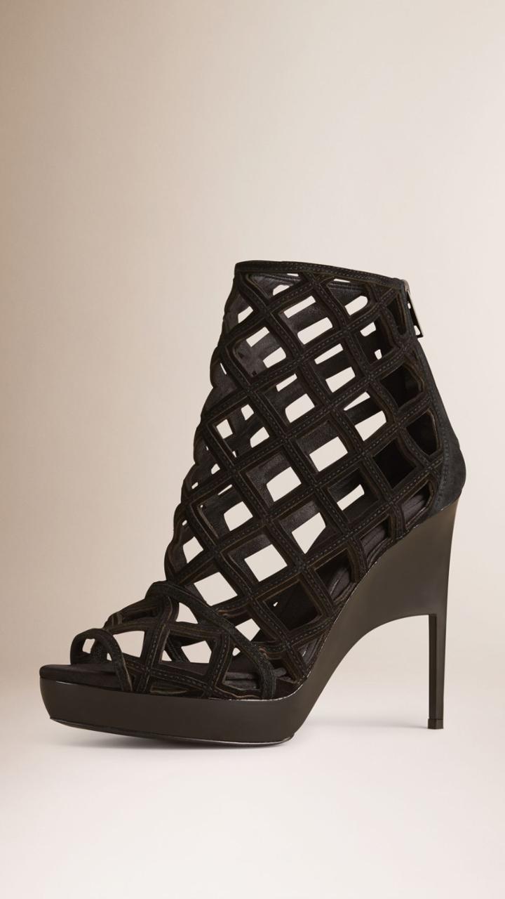 Burberry Burberry Peep Toe Laser-cut Suede Platform Ankle Boot, Size: 36.5, Black
