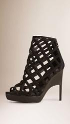 Burberry Burberry Peep Toe Laser-cut Suede Platform Ankle Boot, Size: 36.5, Black