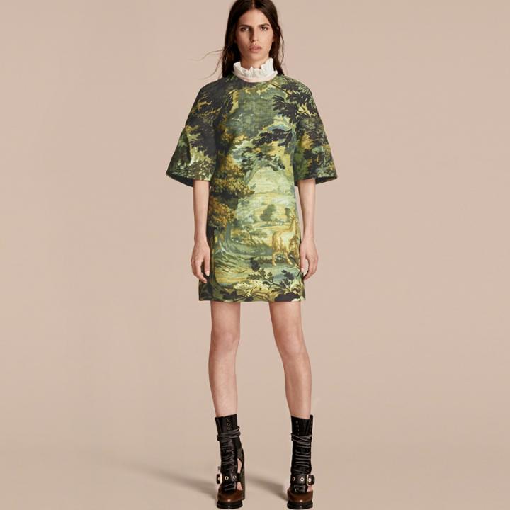 Burberry Burberry Tapestry Print Sculptured Sleeve Shift Dress, Size: 46, Green