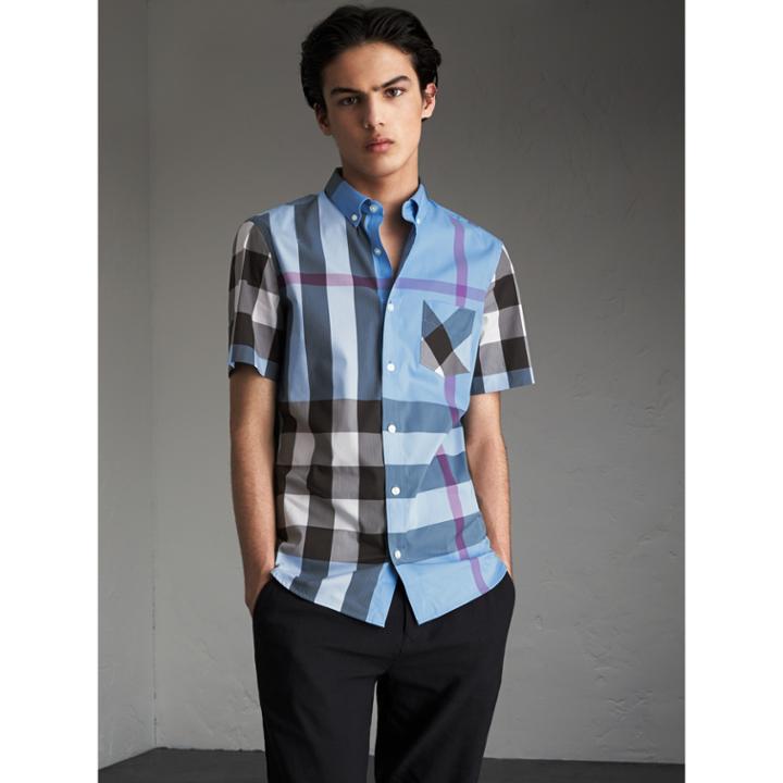 Burberry Burberry Short-sleeve Check Stretch Cotton Blend Shirt, Size: M, Blue