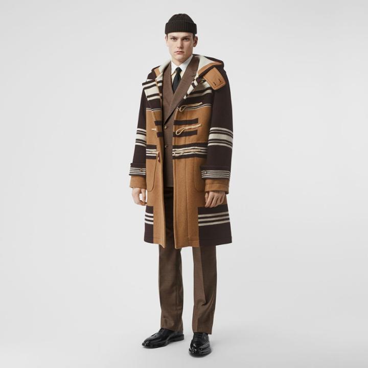 Burberry Burberry Stripe Detail Wool Duffle Coat, Size: 48, Brown