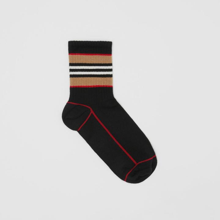 Burberry Burberry Icon Stripe Intarsia Cotton Blend Ankle Socks, Size: M, Black