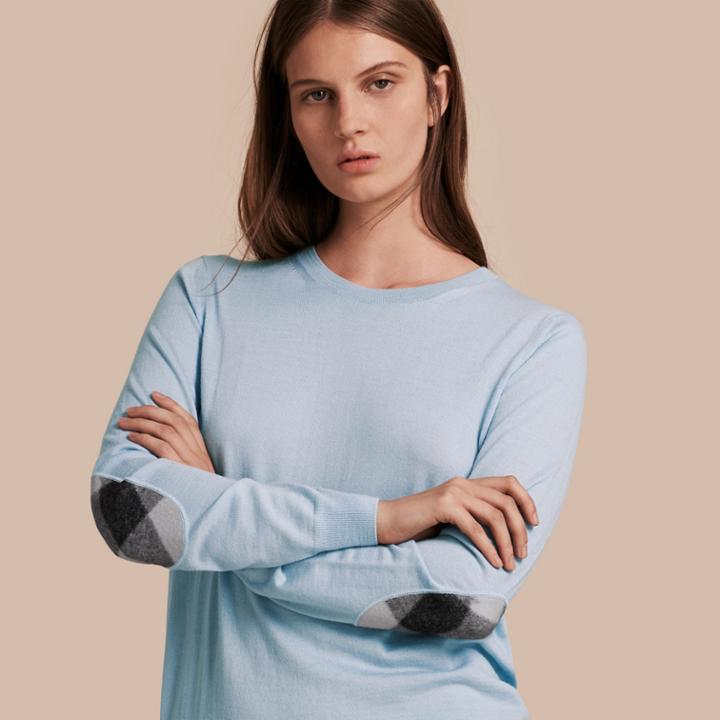 Burberry Burberry Check Detail Merino Wool Crew Neck Sweater, Blue