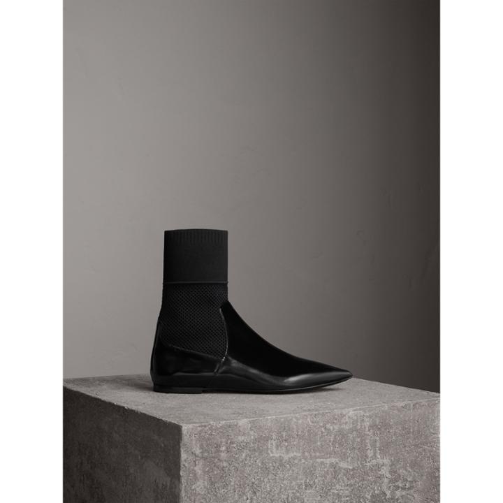 Burberry Burberry Patent Leather And Knitted Mesh Ankle Boots, Size: 38.5, Black