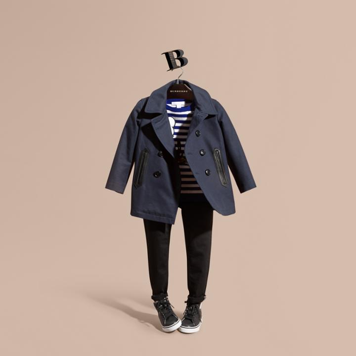 Burberry Burberry Leather Trim Cotton Pea Coat, Size: 12y, Blue