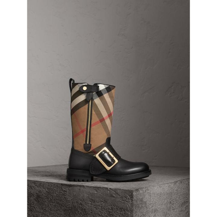 Burberry Burberry House Check Buckle Detail Leather Boots, Size: 36.5, Brown