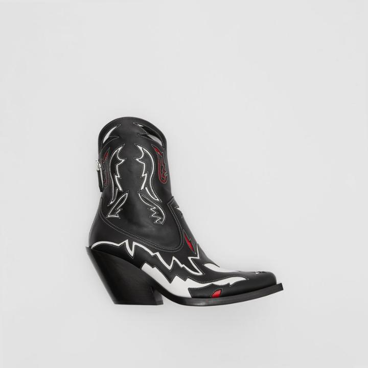 Burberry Burberry Topstitch Appliqu Leather Boots, Size: 39.5, Black/white