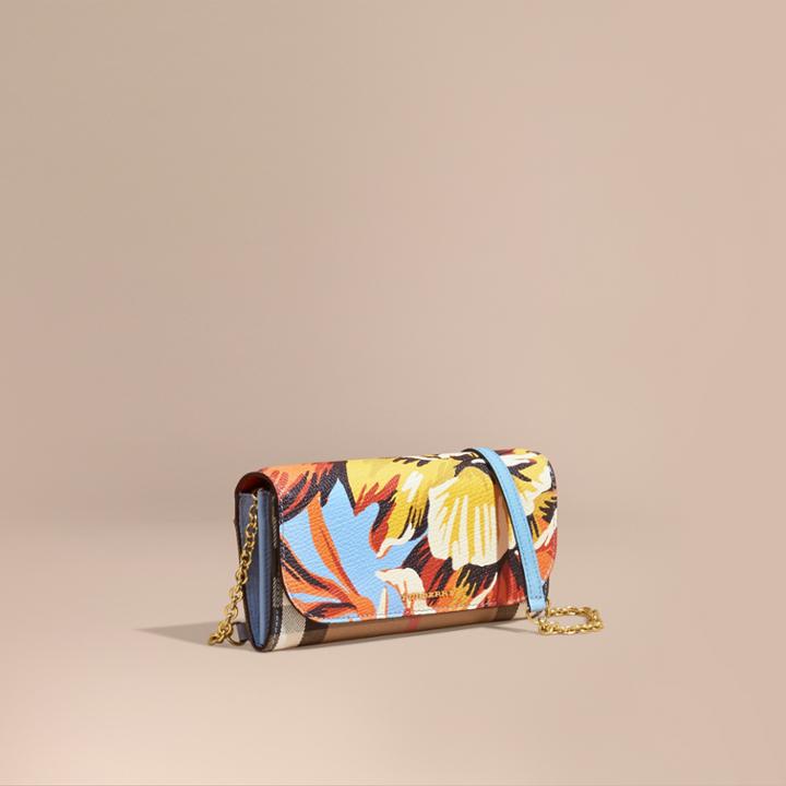 Burberry Burberry House Check And Peony Rose Print Wallet With Chain, Orange