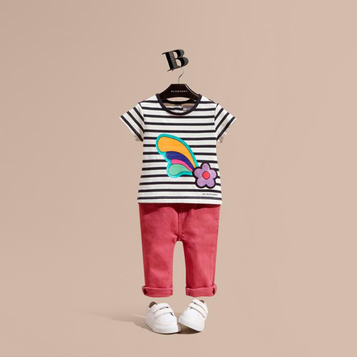 Burberry Burberry Striped Cotton T-shirt With Print And Flower Appliqu , Size: 2y, Blue