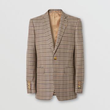 Burberry Burberry Prince Of Wales Check Wool Silk Tailored Jacket, Size: 46, Brown