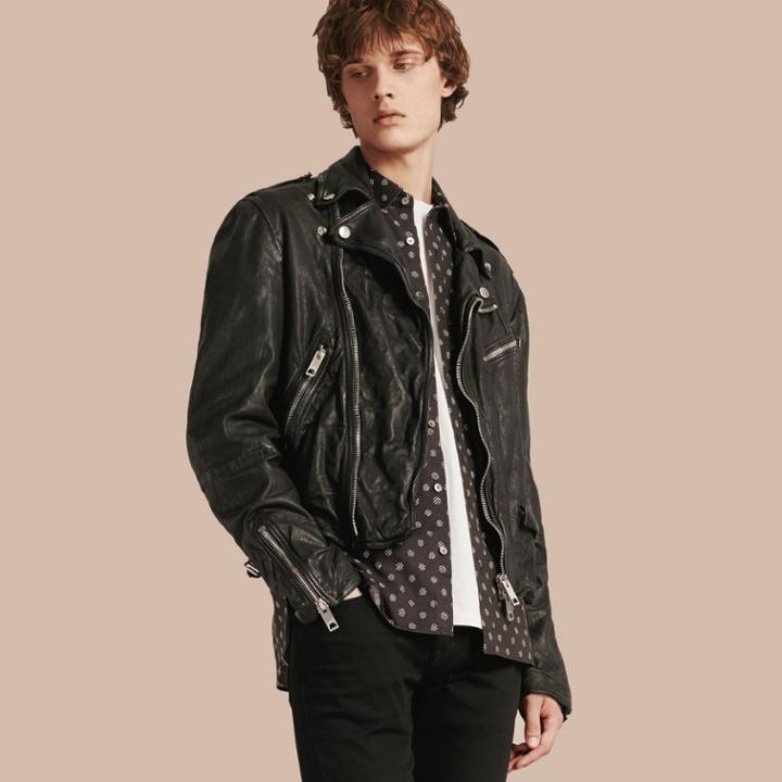 Burberry Burberry Washed Lambskin Biker Jacket, Size: Xxl, Black