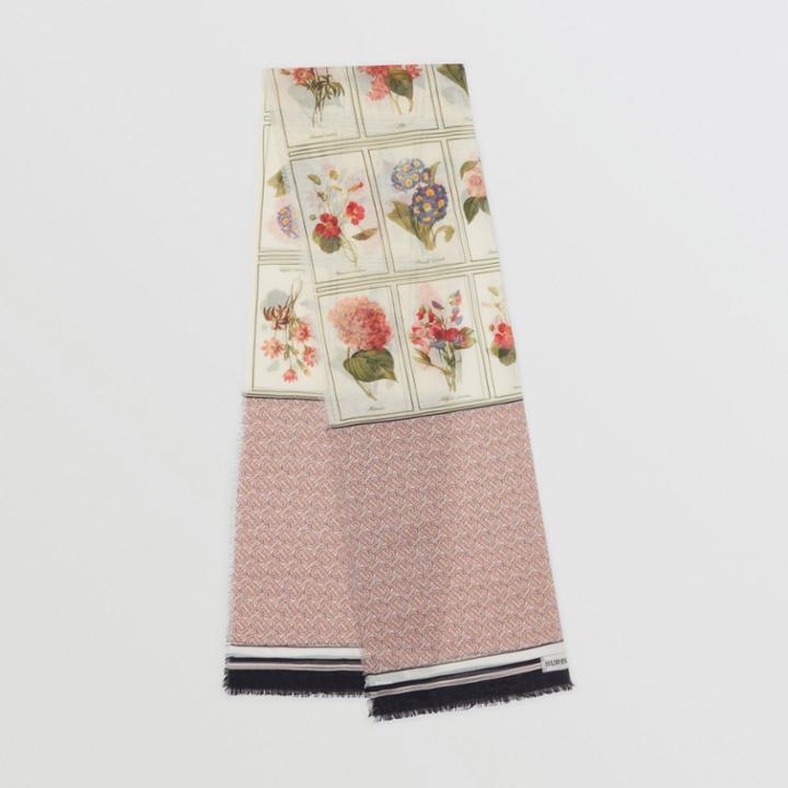Burberry Burberry Botanical And Monogram Print Silk Wool Scarf, Pink