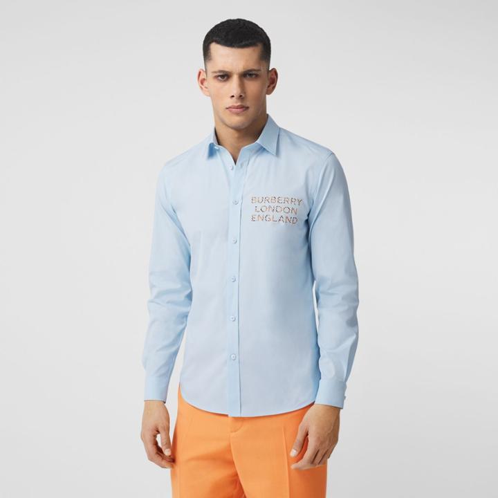 Burberry Burberry Logo Appliqu Stretch Cotton Poplin Shirt, Size: M, Blue