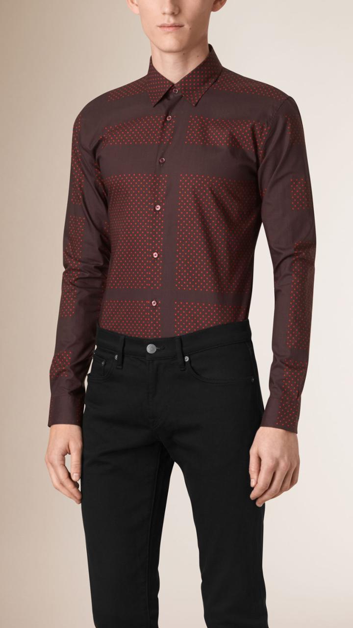 Burberry Burberry Slim Fit Polka Dot Check Cotton Shirt, Red