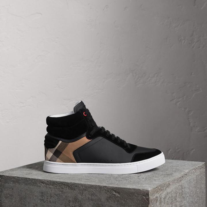 Burberry Burberry Leather And House Check High-top Sneakers, Size: 42, Black