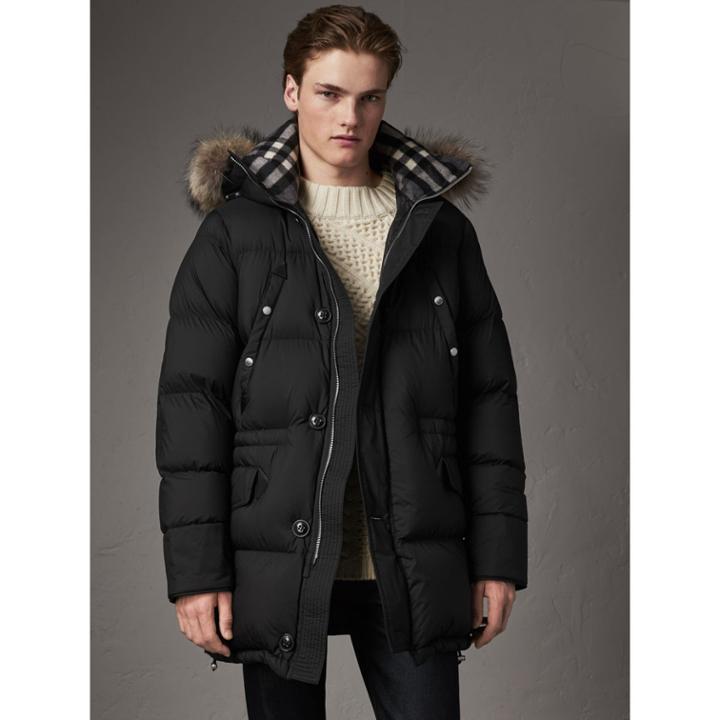 Burberry Burberry Detachable Raccoon Fur Trim Hood Down-filled Parka, Size: 42, Black