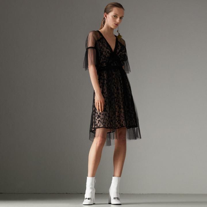 Burberry Burberry Ruffled Hem Embroidered Tulle Dress, Size: 14, Black