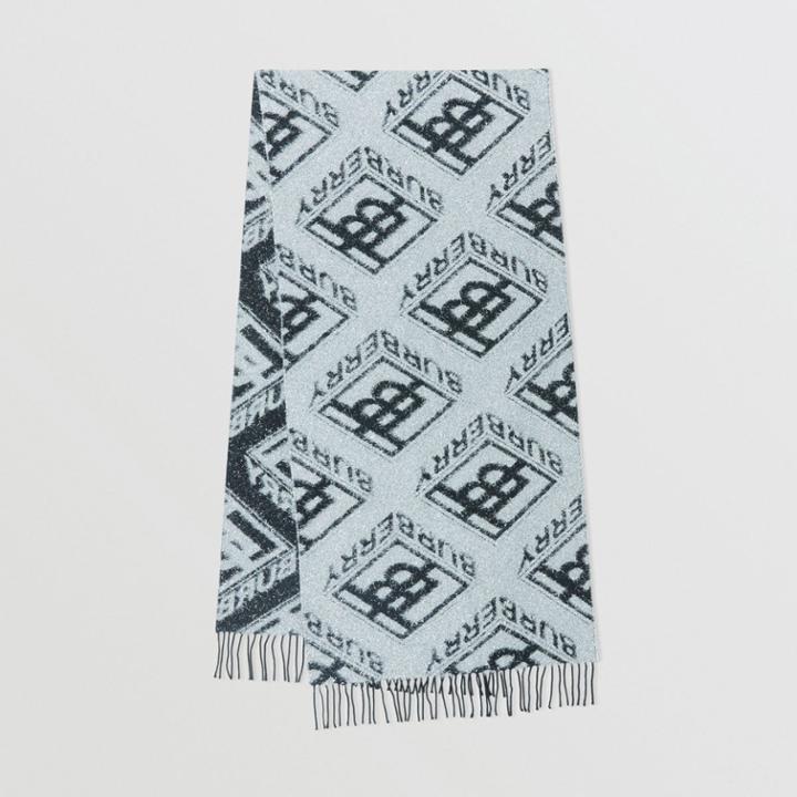 Burberry Burberry Metallic Monogram Wool Blend Scarf, Black